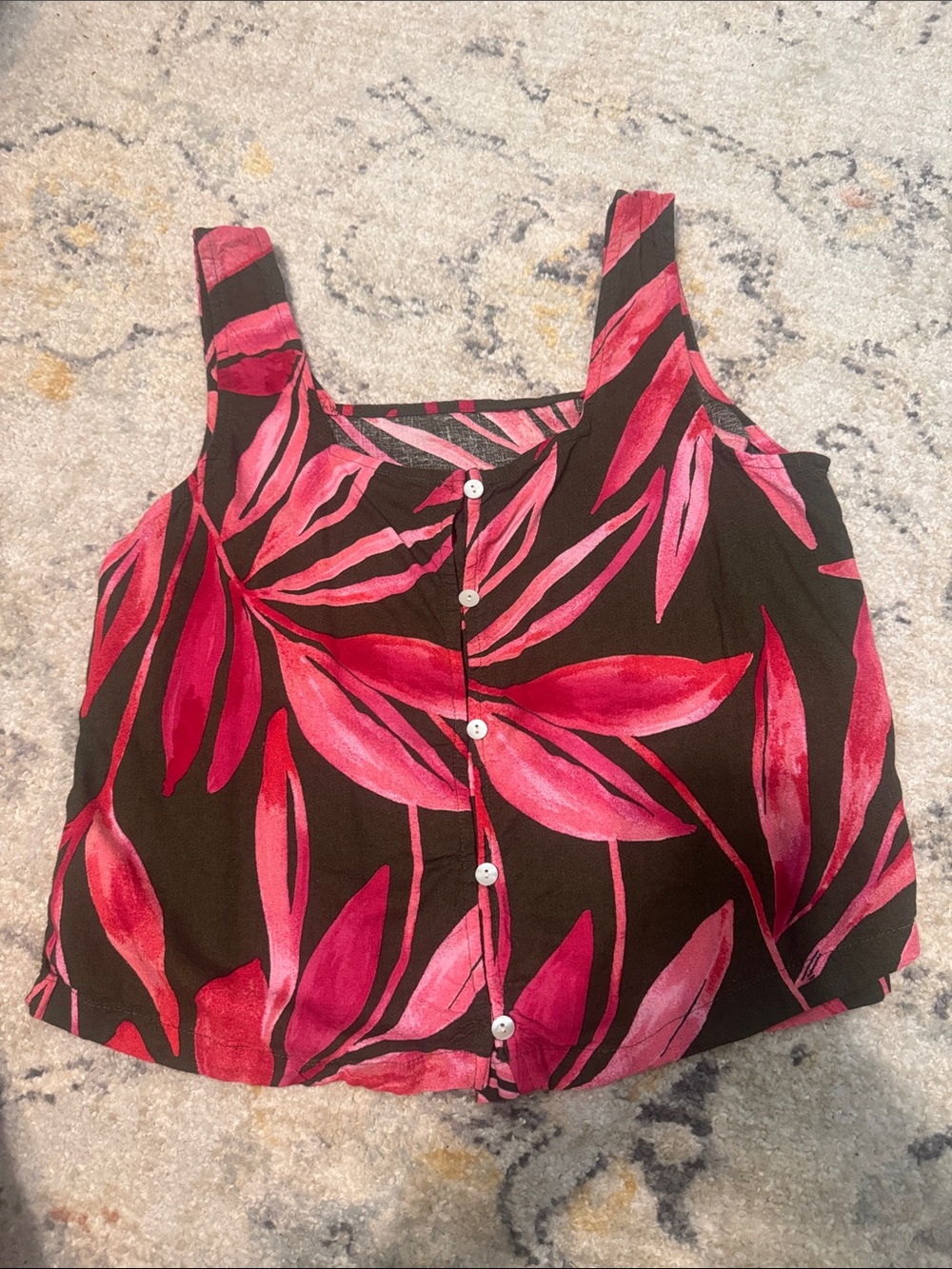 Time and Tru Black Loose Button Down Tank Top with Pink Leaf Print